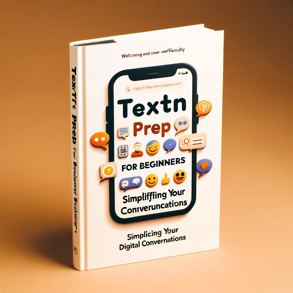 Book cover for 'TextM Prep for Beginners' featuring a large, clear title, icons of a speech bubble, emojis, and a basic smartphone. The color scheme is warm and inviting.
