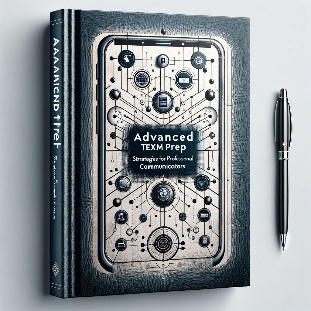 Book cover of 'Advanced TextM Prep' with a sophisticated design, featuring a refined font, communication lines, a high-end smartphone, and a stylus. The color scheme is muted yet impactful.