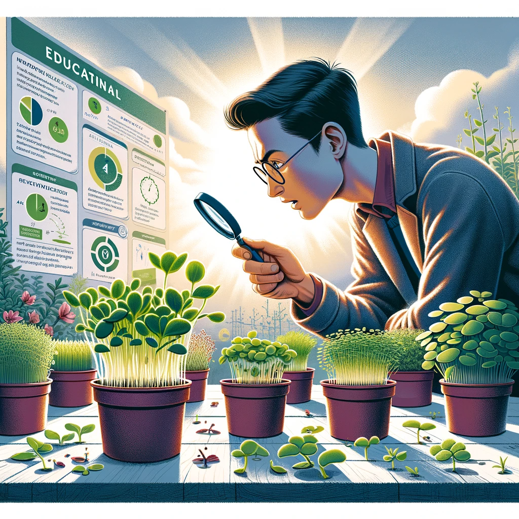 Person using a magnifying glass to examine microgreens in pots, with informative labels and charts about their benefits.