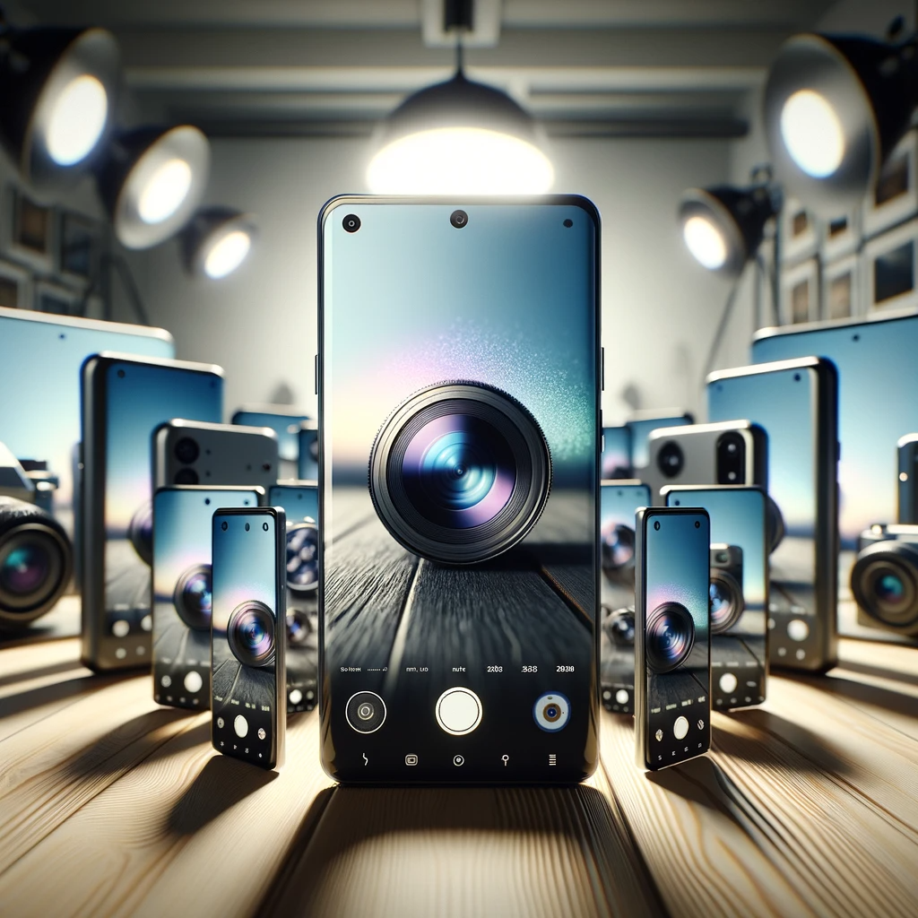  A variety of modern smartphones displayed in a semi-circle, each showing camera features on their screens, with a blurred photography studio background.