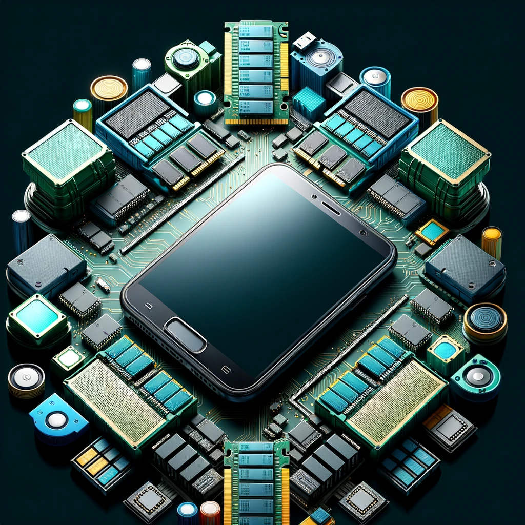 A powerful smartphone surrounded by distinct memory modules representing various memory types in mobile devices.