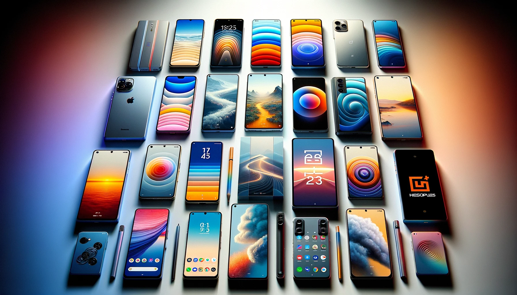 A collage of the top mobile devices of 2024, featuring sleek, modern smartphones with vibrant displays and distinctive designs.