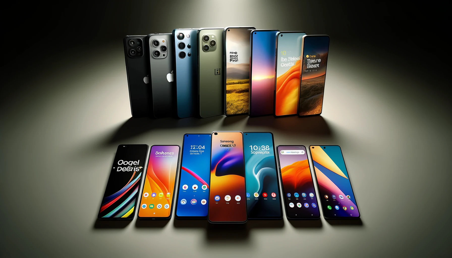 Lineup of the top 10 mobile devices of 2024 displayed side by side, showcasing sleek, modern designs and advanced features.