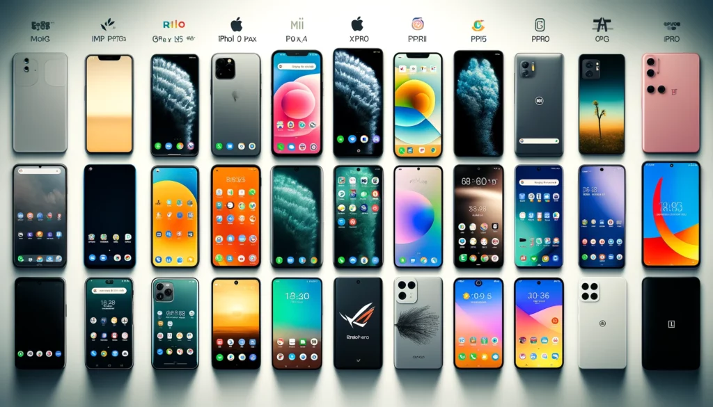 A detailed comparison image of the best 10 mobile devices of 2024, displaying the iPhone 14 Pro Max, Samsung Galaxy S24 Ultra, Google Pixel 7 Pro, OnePlus 12 Pro, Xiaomi Mi 13 Ultra, Sony Xperia 1 IV, Oppo Find X6 Pro, Huawei P60 Pro+, Motorola Edge 40 Pro, and Asus ROG Phone 7 with their screens on.